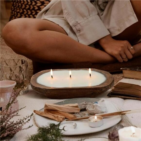 Vanilla Latte Soy Candle 3 Wick Wooden Dough Bowl Farmhouse Scented Decor - Picture 2 of 7